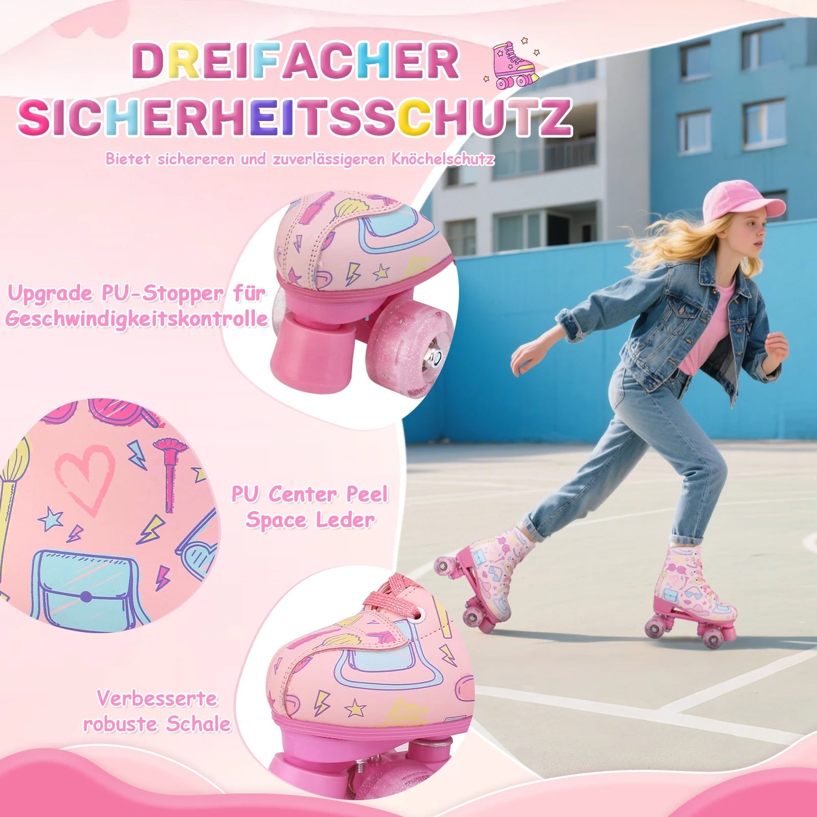 Double-row quad roller skates with flashing wheels for women and girls